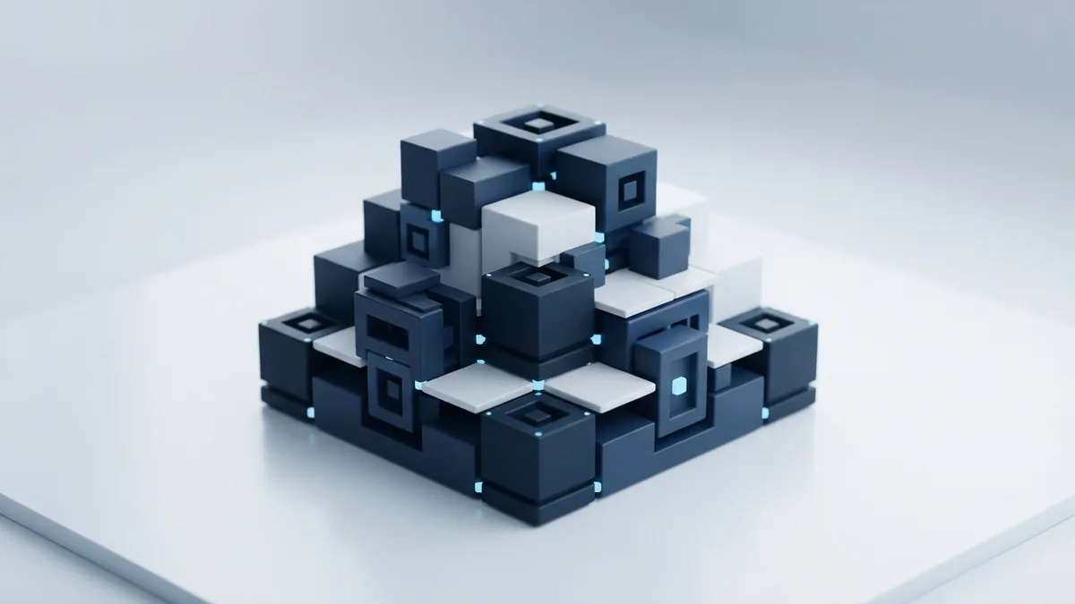 Blue modular blocks representing software development life cycle best practices