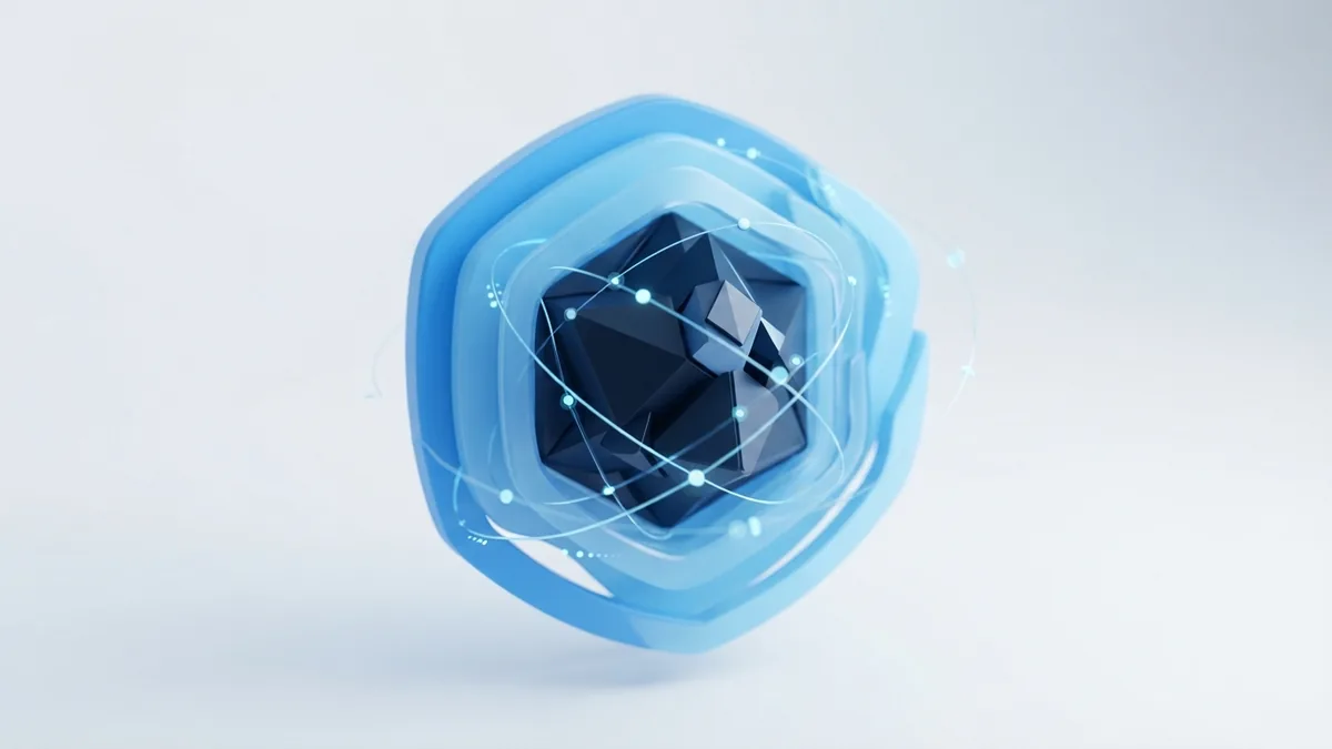 Blue geometric layers showing risk control across software development
