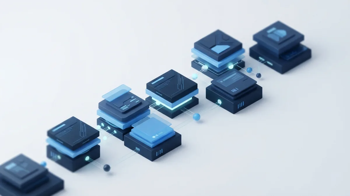 Connected blue modules representing the main software project life cycle phases