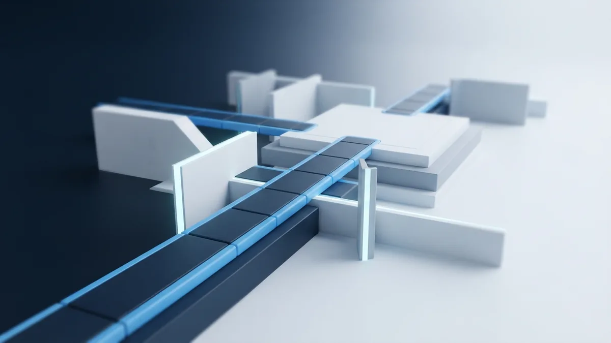 Managing software project risks Blue geometric pathway showing risks and barriers in software project delivery