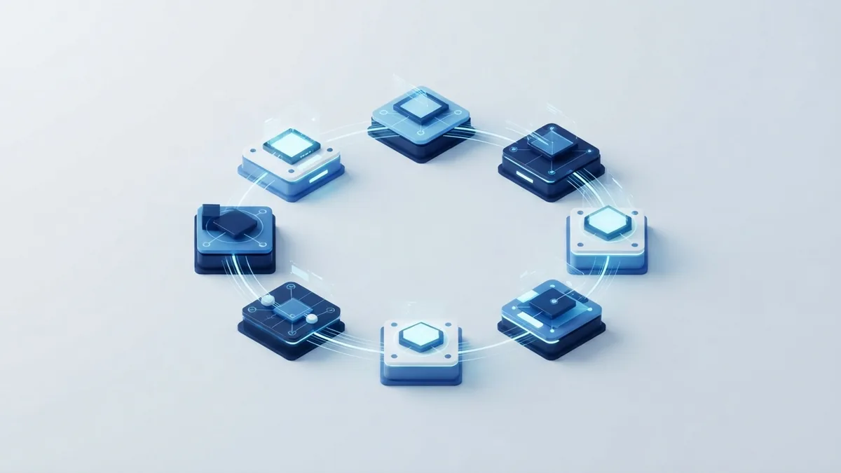 Connected SDLC phase structure Isometric blue modules showing a connected software life cycle process