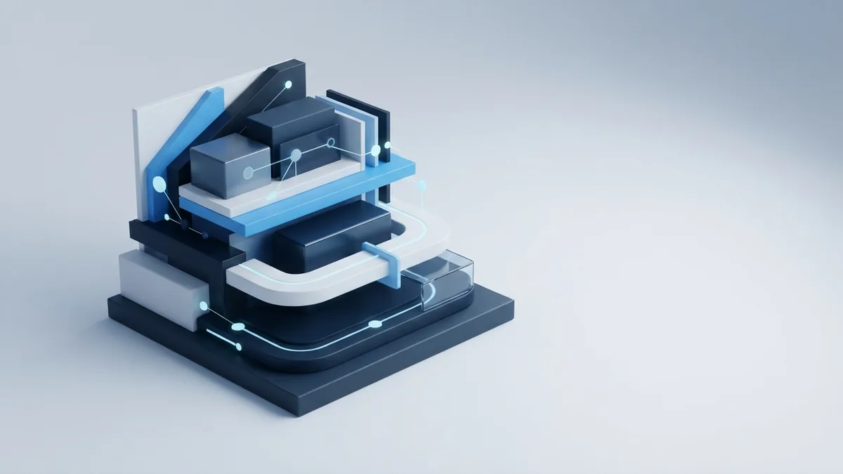 Layered blue structure representing planning, design, coding, testing, and support