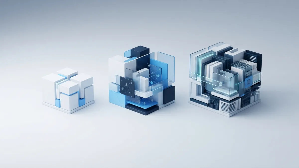 App scope and cost levels Three abstract blue and white structures showing different levels of mobile app scope