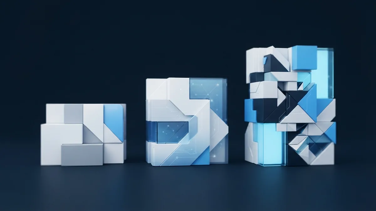 Stepped blue and white forms illustrating rising levels of app complexity