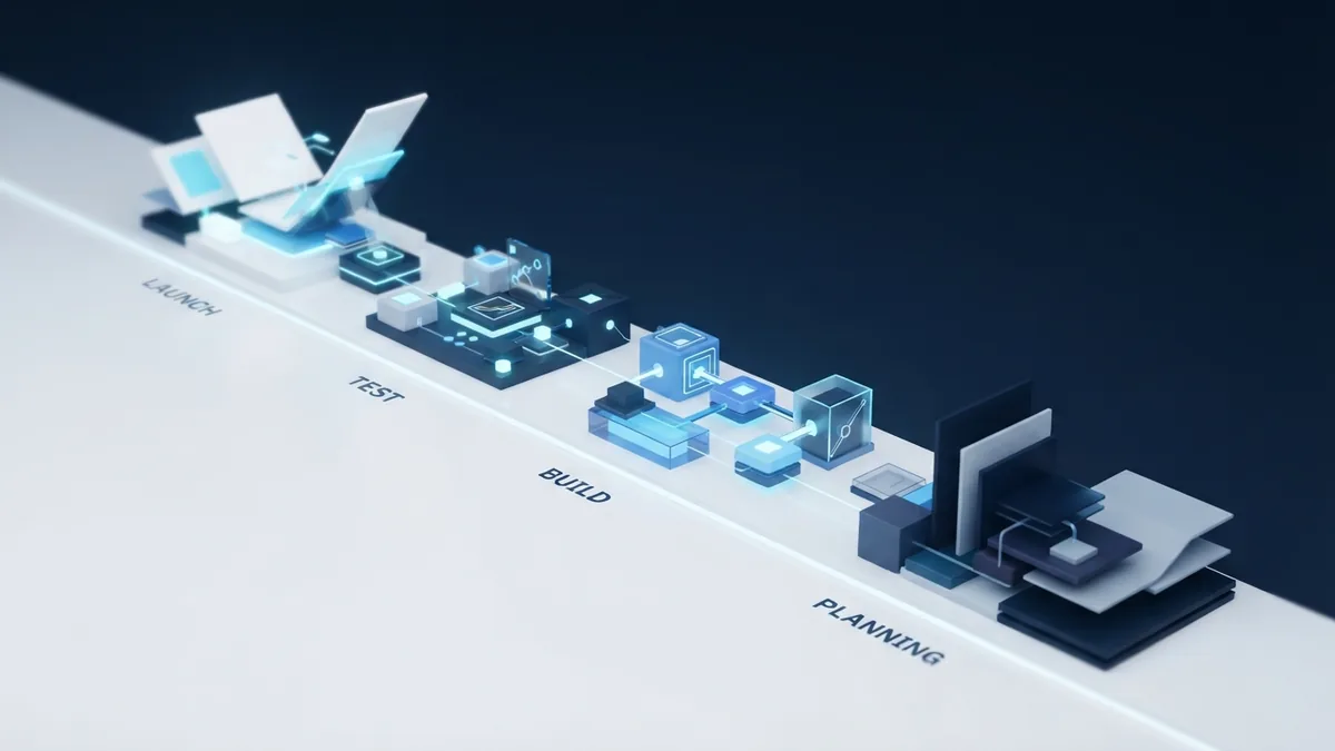 Layered blue and white planes arranged as a path through app development stages