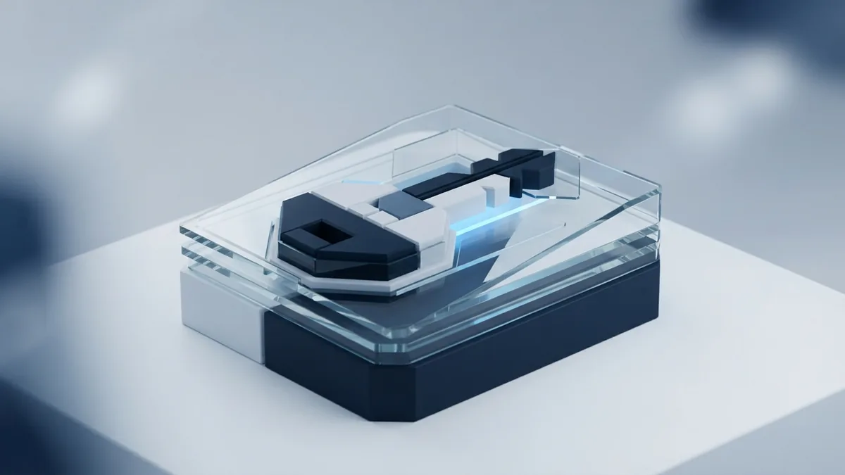Protecting an API key Abstract geometric key held within layered blue and white security forms