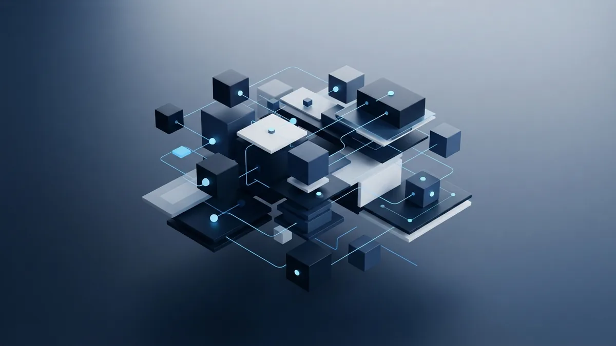 A network of connected API services Blue and white network nodes linked across a clean abstract data structure