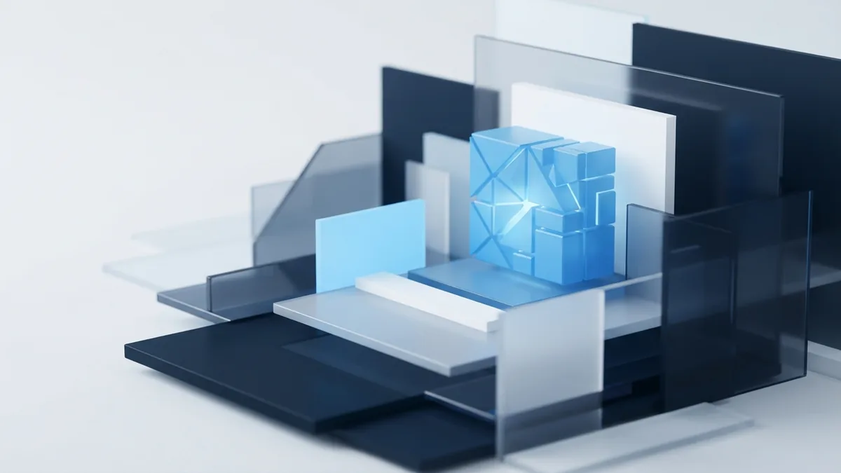 Layered geometric planes guide attention toward a central form in a blue visual hierarchy