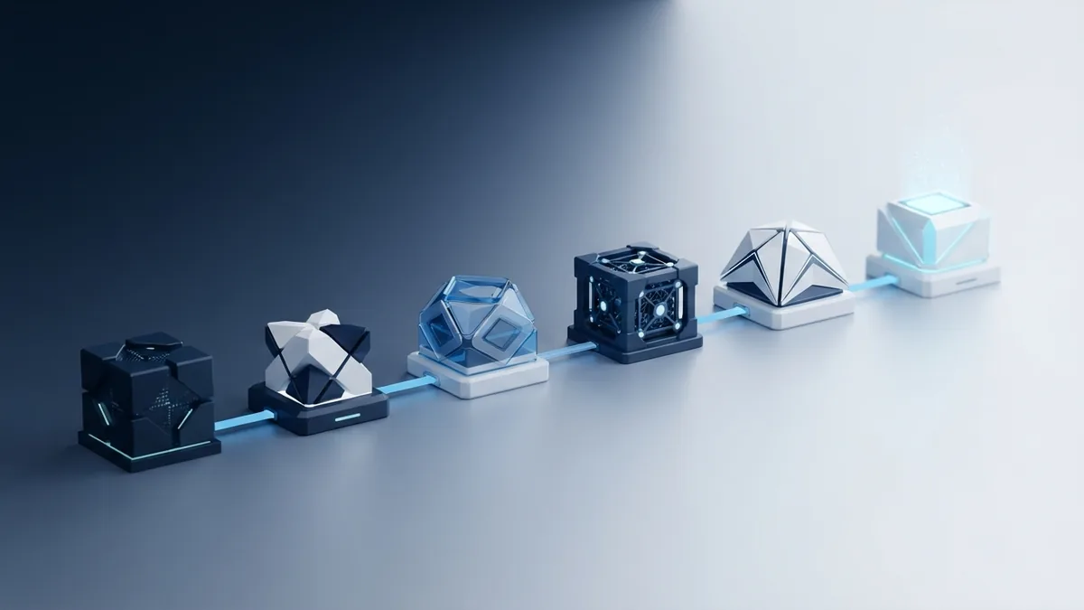 The six stages in a waterfall process Six blue geometric modules linked in order to show the phases of waterfall development