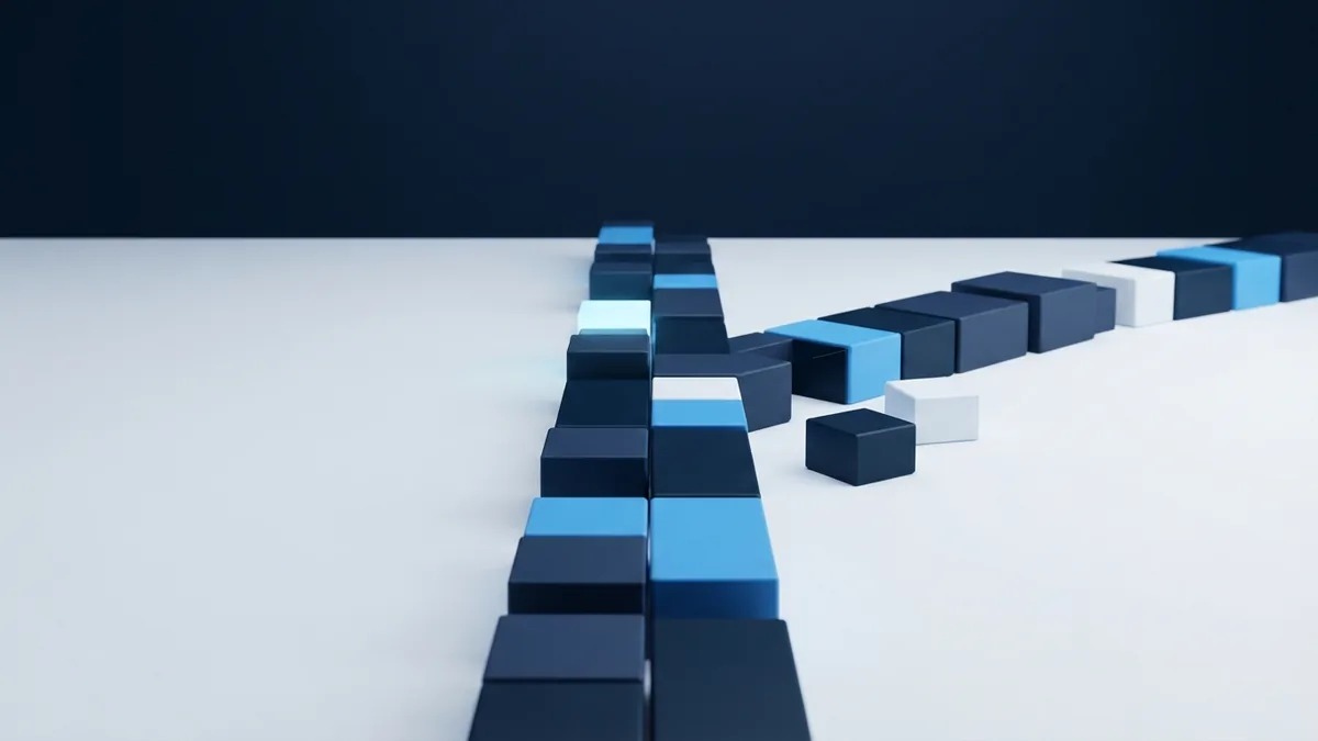 Blue modular blocks at a branching path, illustrating the limits of rigid project plans
