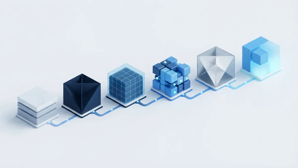 Six connected geometric blocks showing the ordered phases of waterfall development