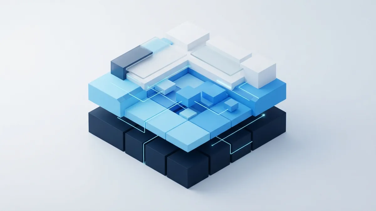 Blue and white geometric blocks showing how web development tools fit together