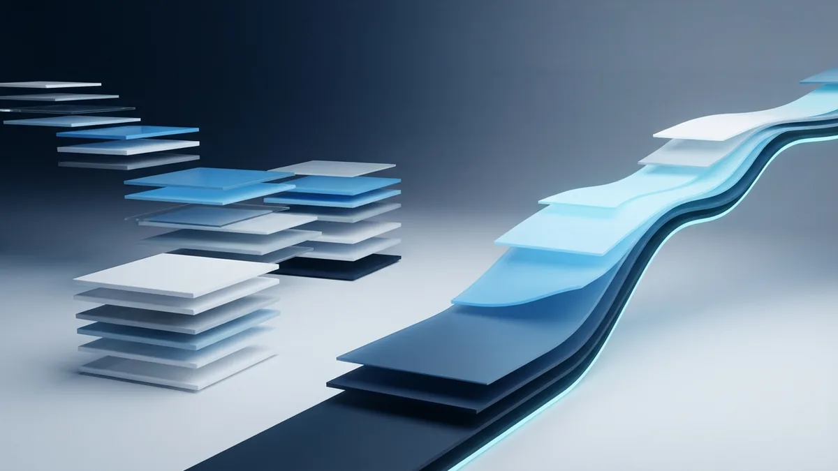 Blue and white abstract forms comparing separate web pages with a connected app