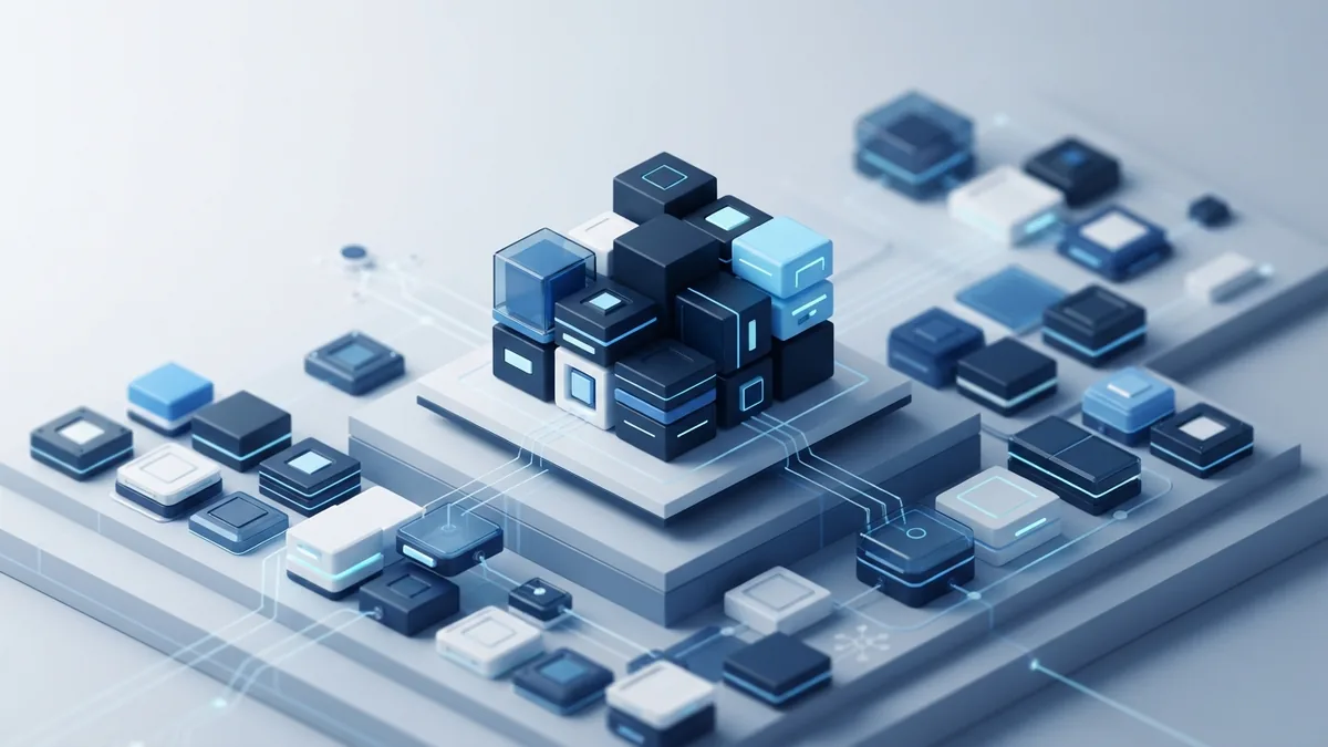 Isometric blue software modules show a focused first product release