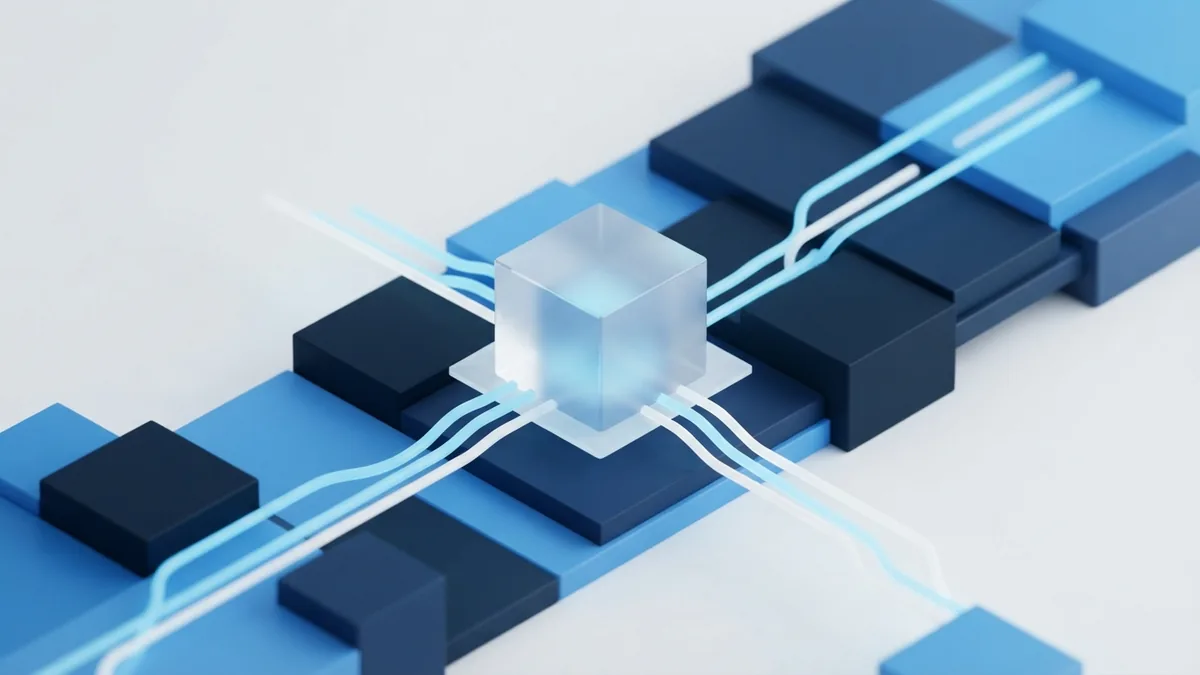 Isometric blue blocks linked in an agile product development flow around a central MVP