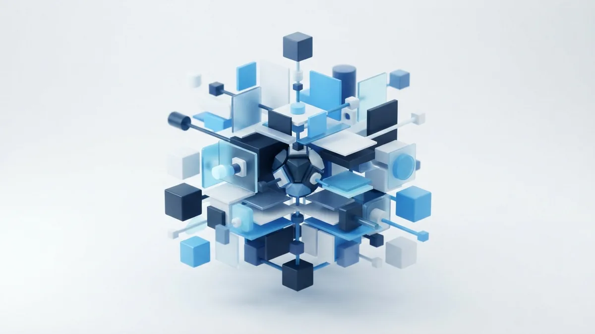 Connected blue modules expanding from an MVP core into a fuller product structure