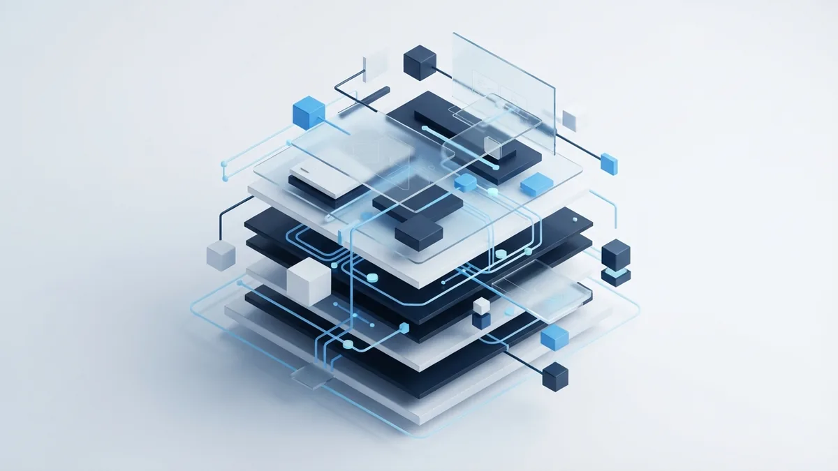 REST principles and system layers Layered blue geometric structure showing REST API principles and system separation