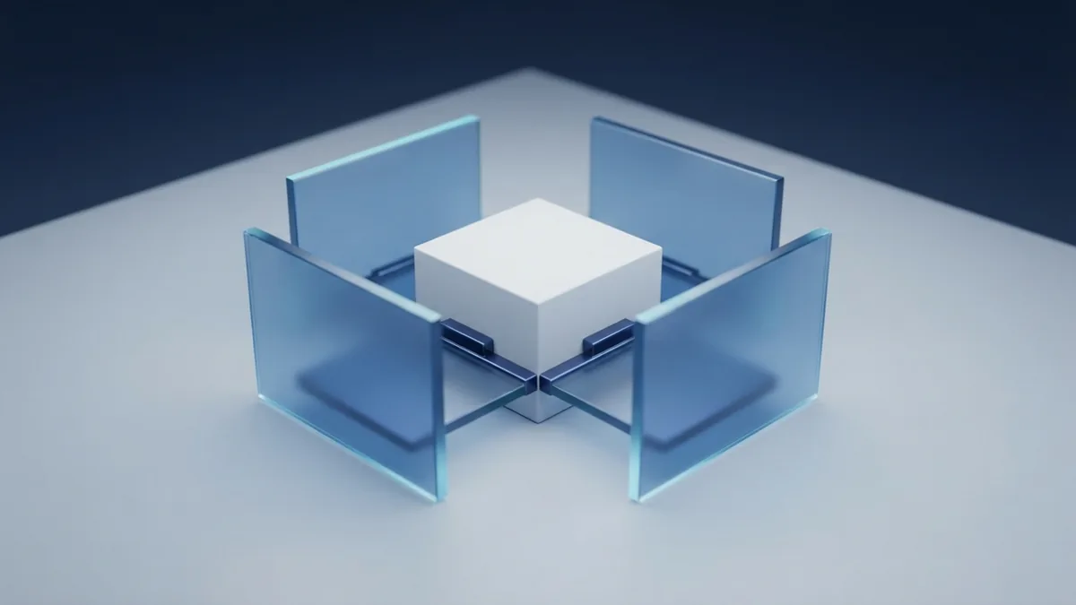 Core features of a hosted software service Blank glass panels around a central block suggest shared SaaS features and access