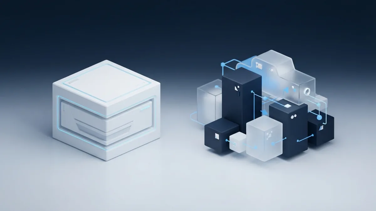 Visual contrast between SaaS and installed software Side-by-side abstract structures contrast local software with connected SaaS tools
