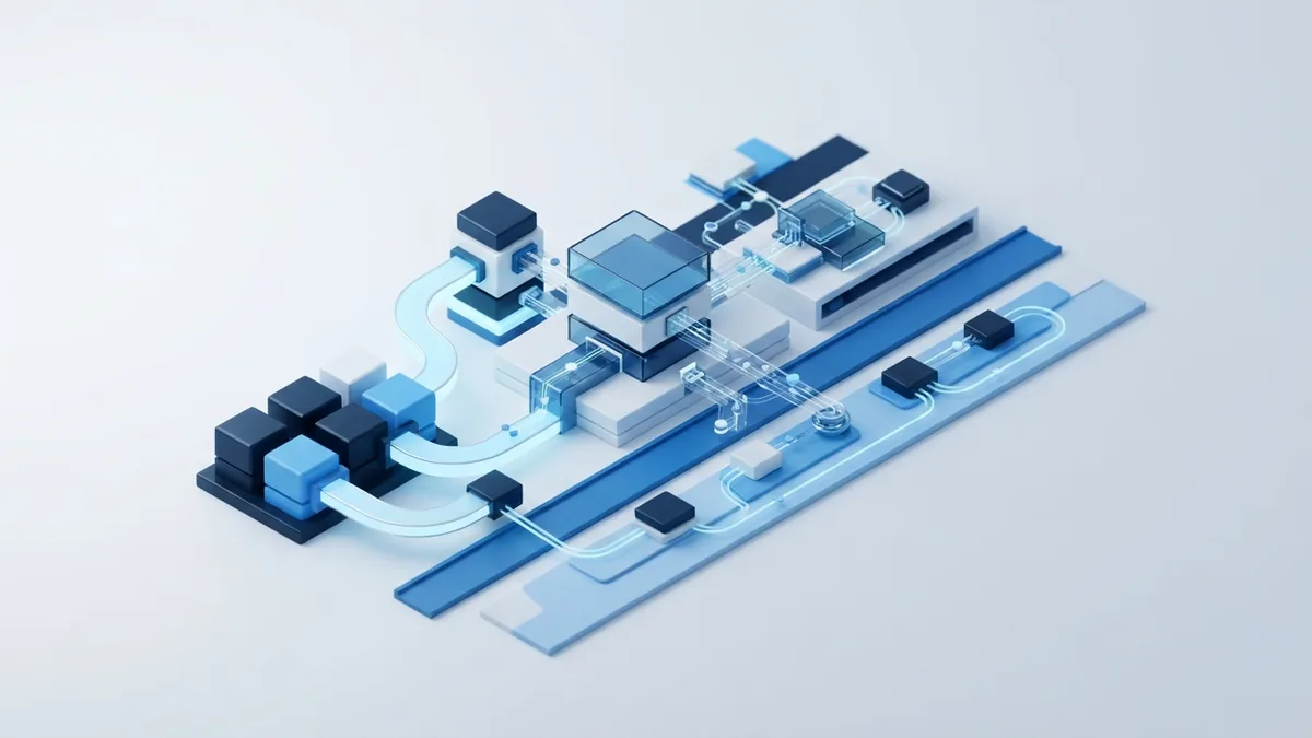 Isometric blue workflow lanes representing Scrum Kanban and Agile frameworks