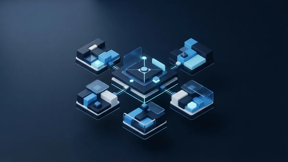 Isometric blue modules representing different types of business outsourcing services
