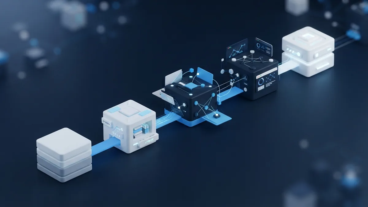 Stages of a web development process Linked geometric blocks showing stages in the web development process